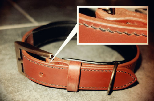 collier cuir doublé veau pour chien avec zoom couture point de sellier